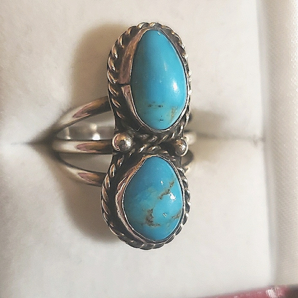 Sterling Silver and Blue Gem Turquise Sister Stones Zuni ~ Divine!